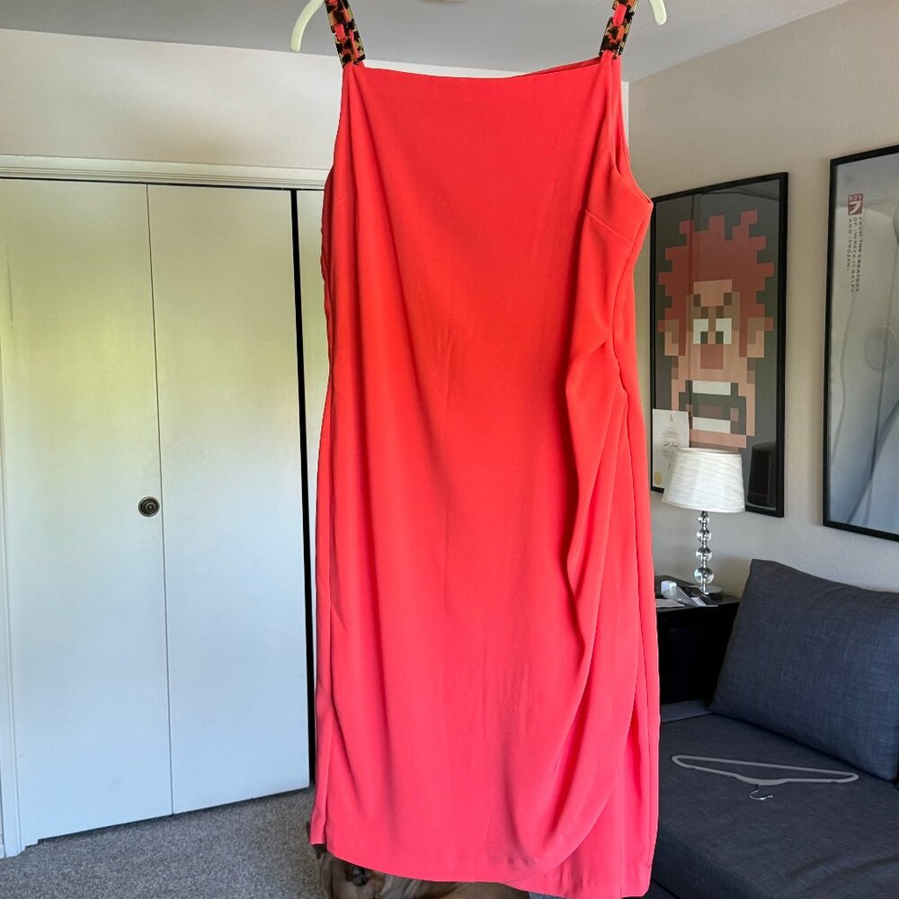 David Warren Coral Dress with tortoise shell detal on straps